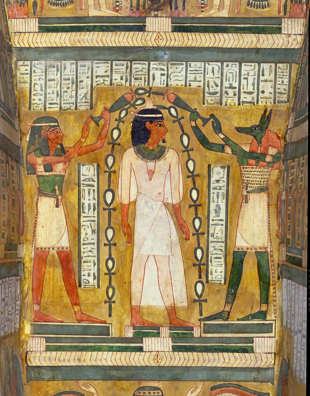 The Libation of the Dead, detalj fra det indre av sarkofagen til Amenemipet, en prest fra kulten til Amenophis (Amenhotep) I, som viser Anubis og gudinnen Maat som heller vann over hodet av Egyptian 18th Dynasty