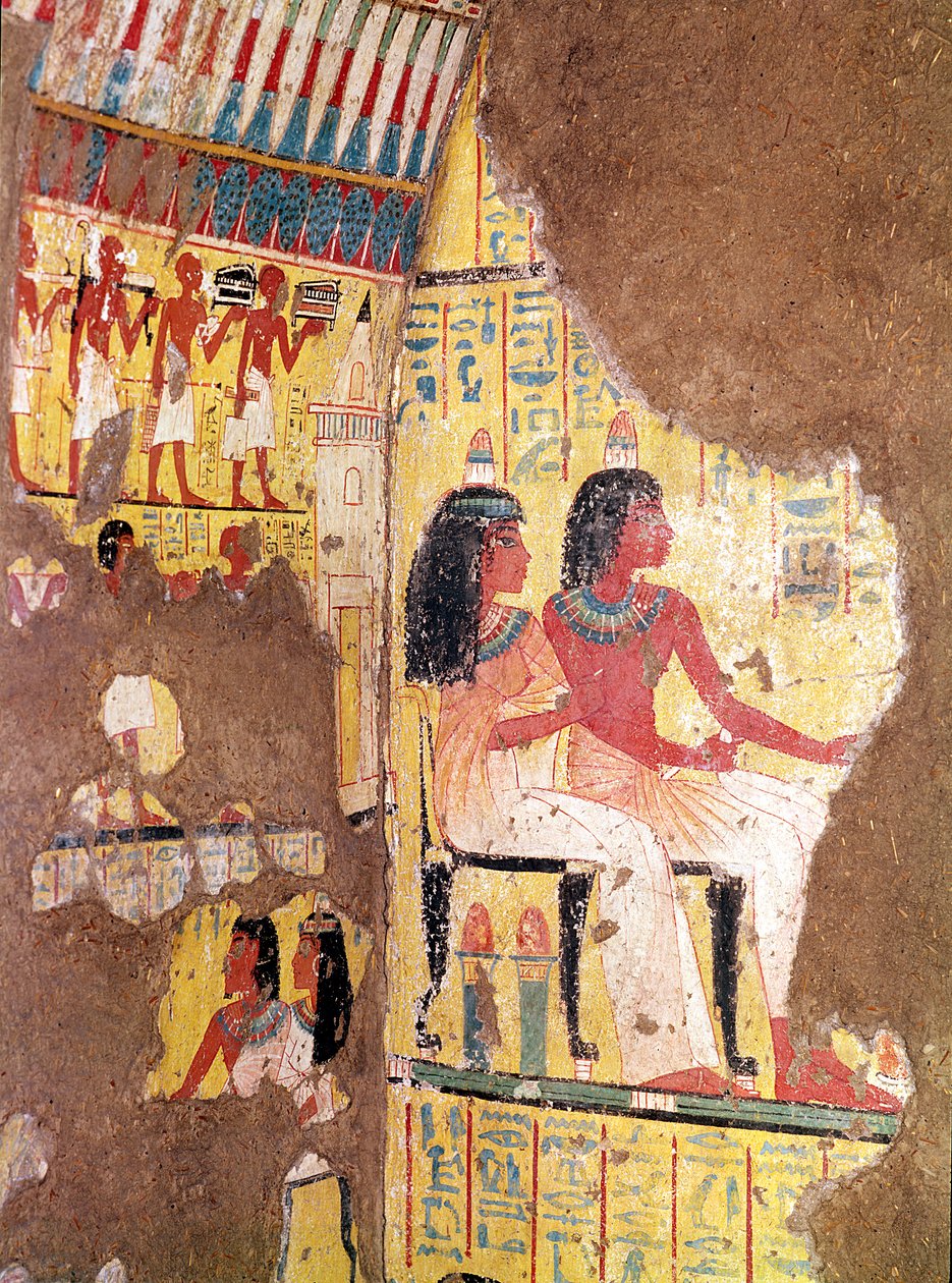 Maleren Maie og hans kone satt, fra graven deres, rekonstruert i museet, New Kingdom (malt kalkstein) av Egyptian 18th Dynasty