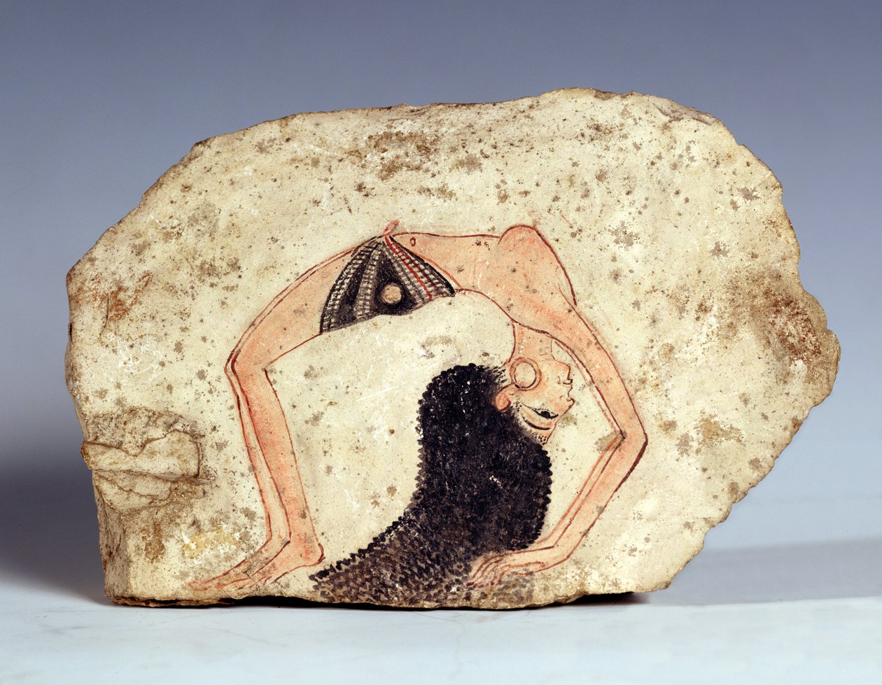 Fragment av et veggmaleri som viser en akrobatisk danser som underholder ved hoffet, New Kingdom, fra Deir-El Medina av Egyptian 19th Dynasty