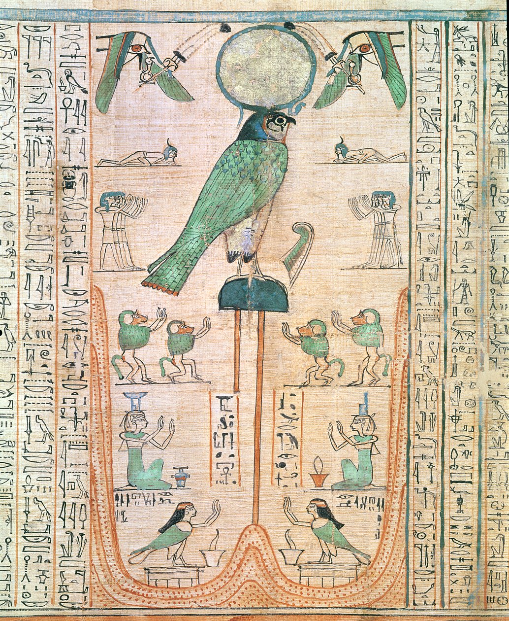 Tilbedelse av den stigende solen i form av Falcon Re-Horakhty, New Kingdom, ca. 1150 f.Kr. (papyrus) av Egyptian 20th Dynasty