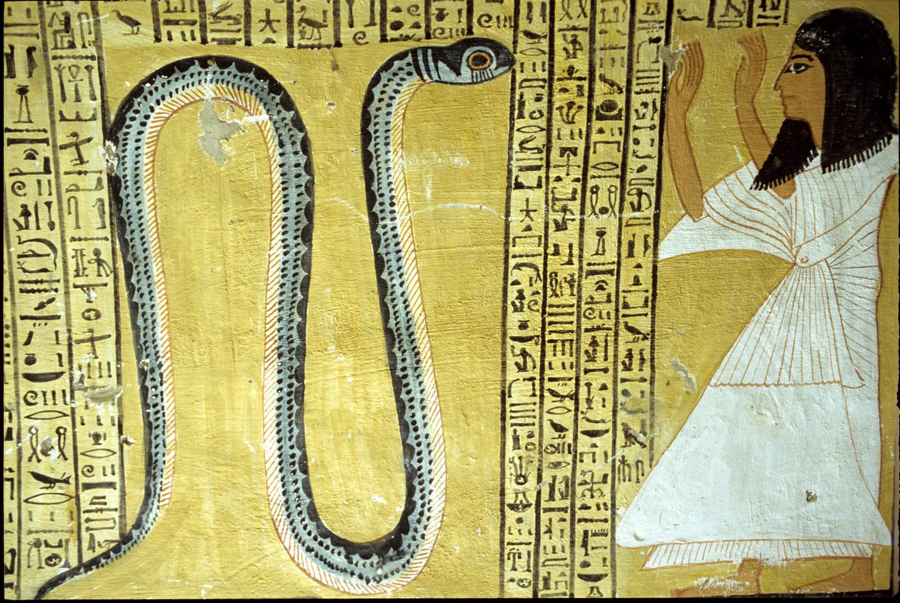 Inherkhau tilber Sito-slangens Gud for underverdenen, fra graven til Inherkhau, Theben (veggmaleri) av Egyptian 20th Dynasty