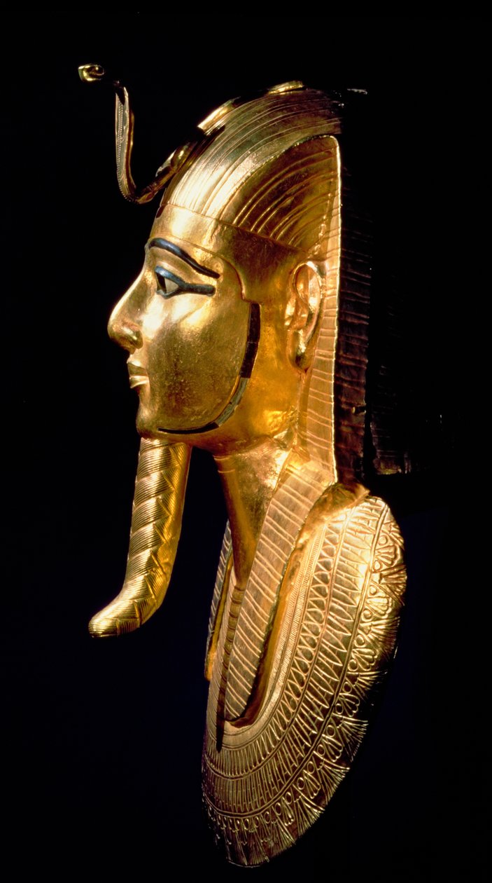 Begravelsesmaske til Psusennes I (ca. 1039-991 f.Kr.) Tredje mellomperiode (gull innlagt med lapis lazuli og svart og hvitt glass) av Egyptian 21st Dynasty
