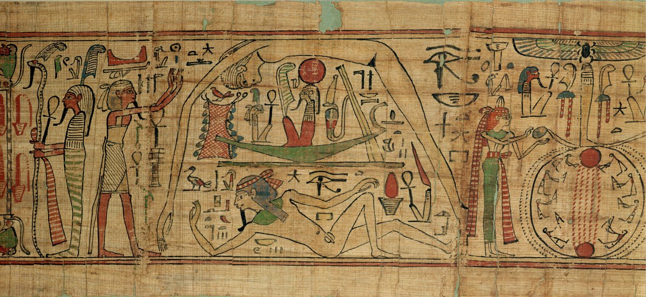 Detalj fra papyrusen til Nespakashuty som viser guden Geb (jord) skilt fra sin kone, gudinnen Nut (himmel) tredje mellomperiode (papyrus) av Egyptian 21st Dynasty