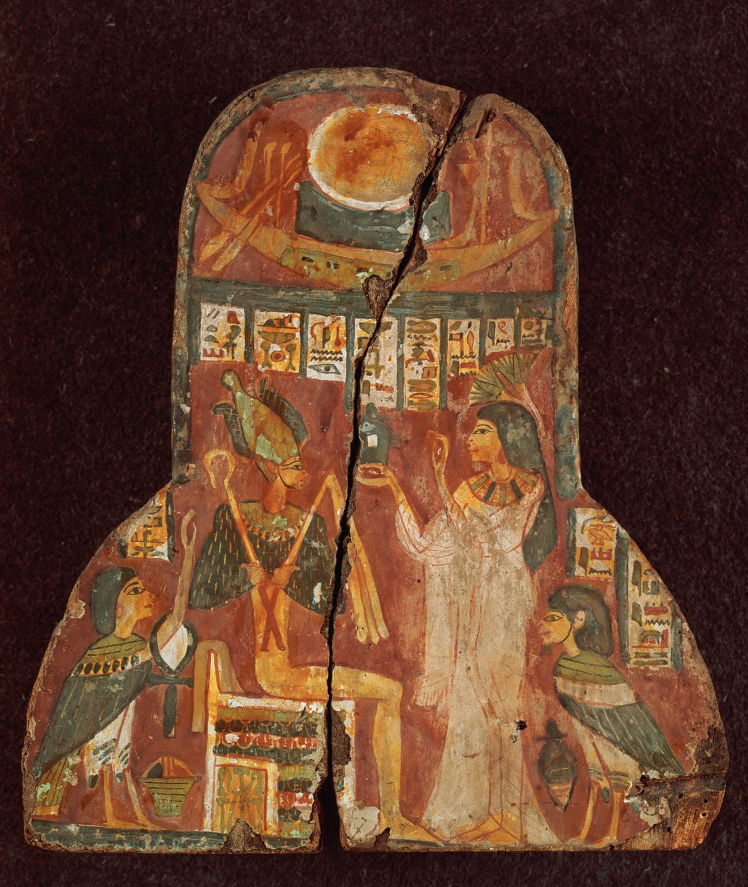 Lokket på kista til sangeren Toarnemiherti, som viser den avdøde som ofrer røkelse til Osiris på tronen, tredje mellomperiode (malt stein) (se 107961) av Egyptian 21st Dynasty