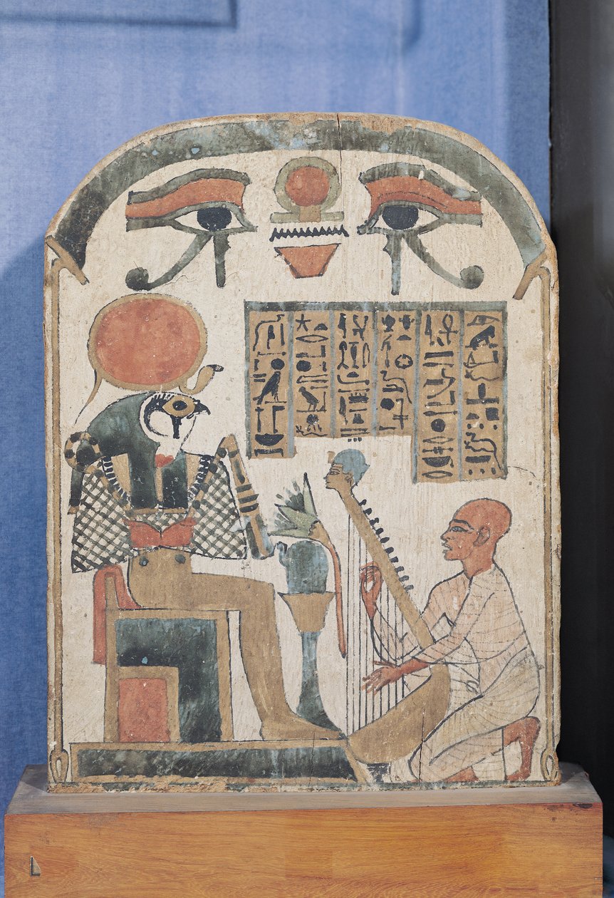 Stela av harpisten Djedkhonsuiuefankh, egyptisk, tredje mellomperiode, (støkket og malt tre) av Egyptian 22nd Dynasty