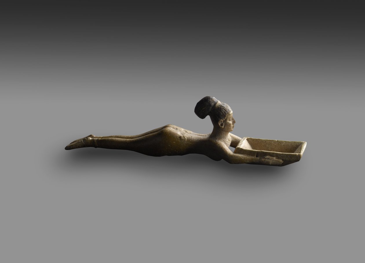 Kosmetisk skje i form av en svømmepike, fra en grav i Sanam, Nubia, sen periode, ca. 747-702 f.Kr. (fajanseglasert fajanse) av Egyptian 25th Dynasty