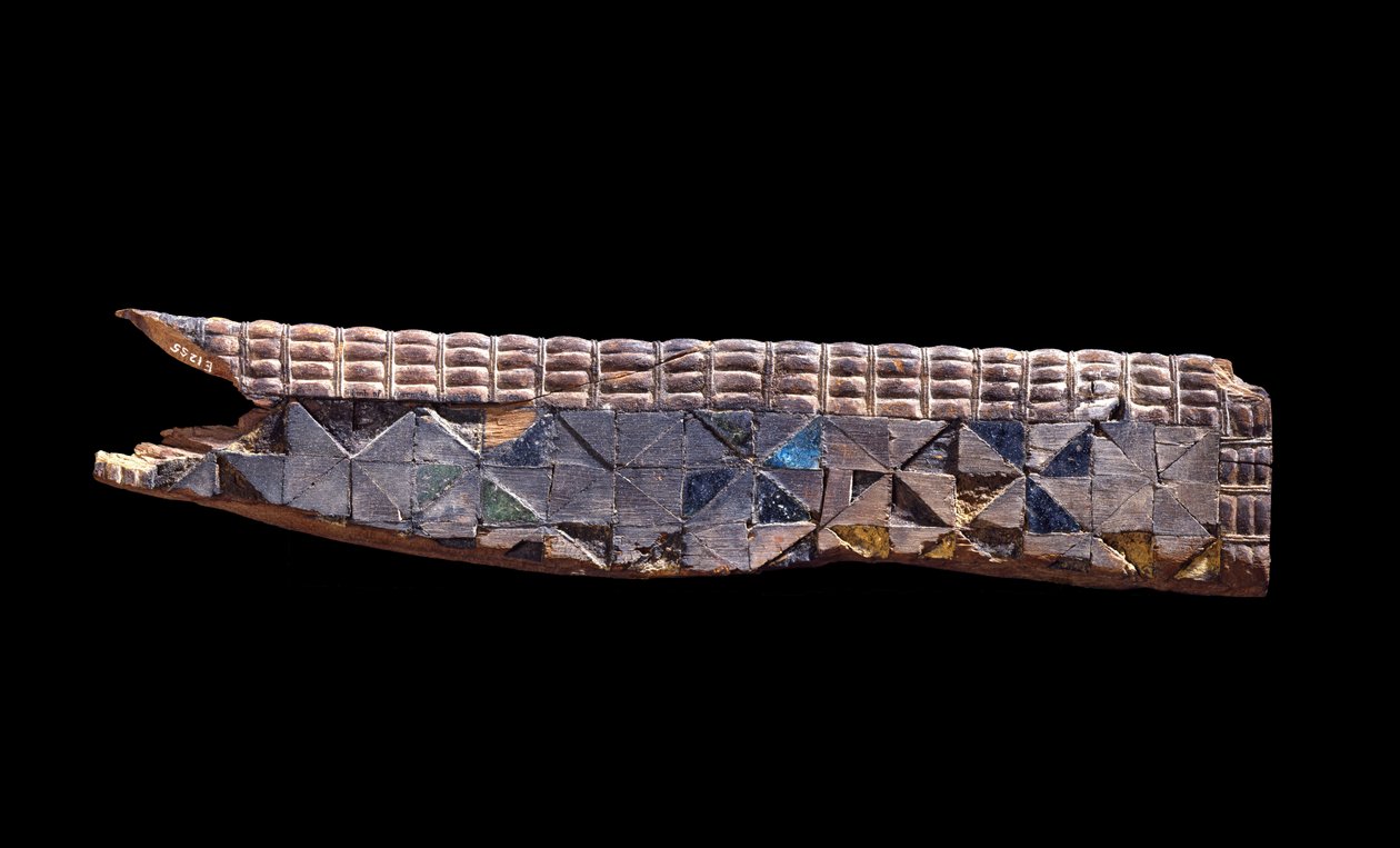 Fragment av møbler skåret av bartre, ca. 2800 f.Kr. bartre innlagt med fajanse og farget tre innlagt i gips av Egyptian 2nd Dynasty