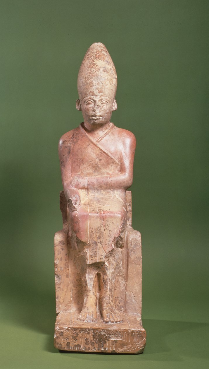 Sittende statue av farao Khasekhem med erobrede fiender ristet inn rundt basen, funnet ved Hierakonpolis, ca. 2700 f.Kr. (kalkstein) av Egyptian 2nd Dynasty