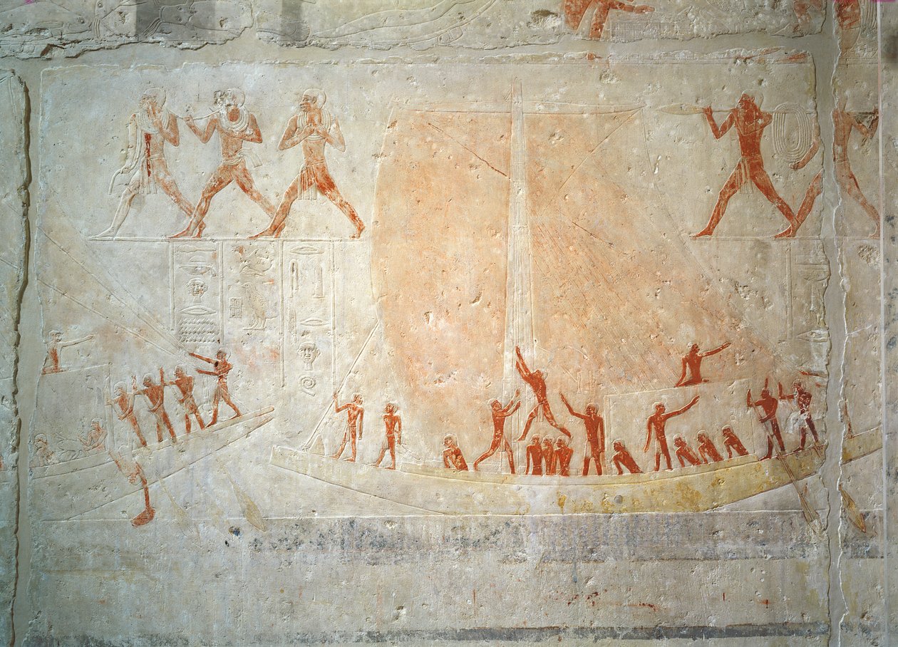 Relieff fra Mastaba of Akhethotep som viser båtliv, fra Saqqara, Old Kingdom (malt kalkstein) av Egyptian 5th Dynasty