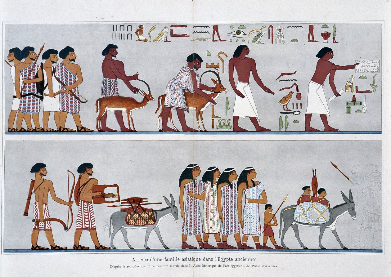 Ankomst av en asiatisk familie i det gamle Egypt: Fra gjengivelsen av et veggmaleri i "Historical Atlas of Egyptian Art" av Prisse d
