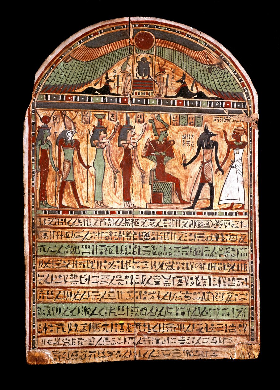 Egyptisk antikvitet: begravelsesstele til en yppersteprest: Osiris ønsker den avdøde tilstedeværende i Anubis velkommen, bak ham gudene Isis, Nephtis (Nephtys eller Neftis), Horus, Hathor. 3.-2. århundre f.Kr. Torino, egyptisk museum - egyptiske antikvitet av Egyptian