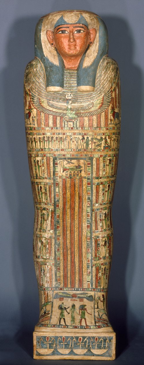 Djedmuts indre kiste, 26.–25. dynasti, sen periode, ca. 715–525 f.Kr. (tre med lin, gesso og maling) av Egyptian