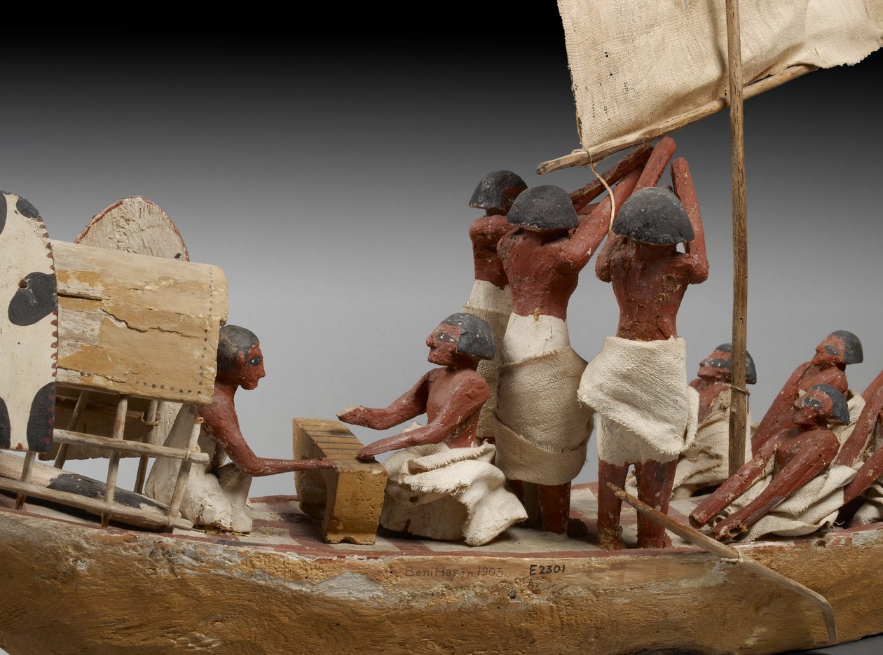 Modellbegravelsesbåt, fra Beni Hasan, sannsynligvis Middle Kingdom, ca. 2060-1786 blandede medier detalj av 107032 av Egyptian