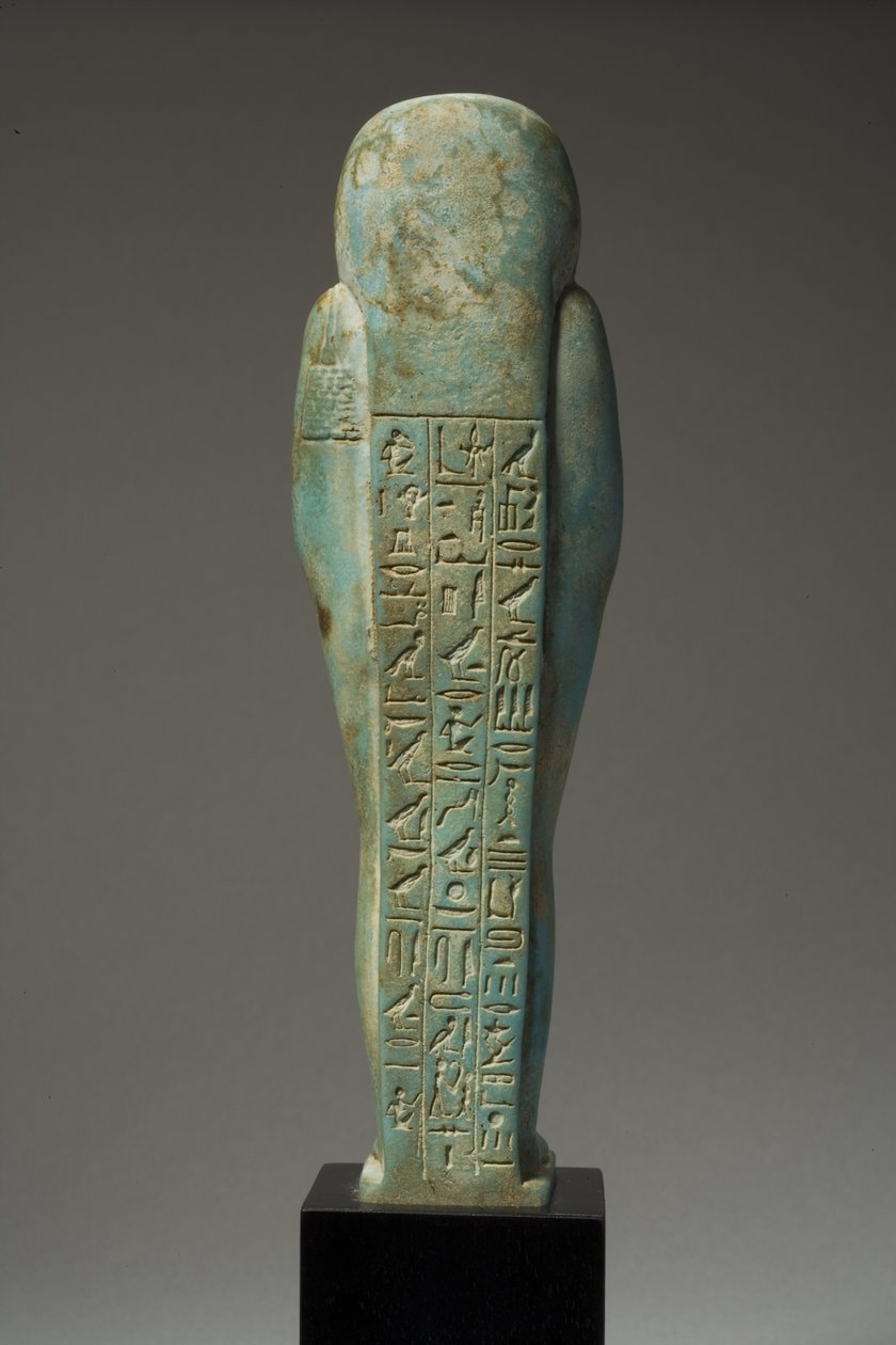 Sett bakfra av en ushabti-figur for Hor-Khebi, sendynastisk periode, sent 25.-tidlig 26. dynasti, ca. 700-600 f.Kr. (fajanse) (se 270353 for front) av Egyptian