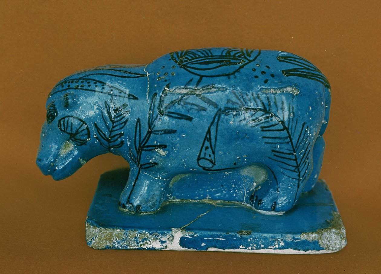 Blå flodhest med svart dekorasjon, fra Dra Aboul Naga, Middle Kingdom (faience) av Egyptian 11th Dynasty