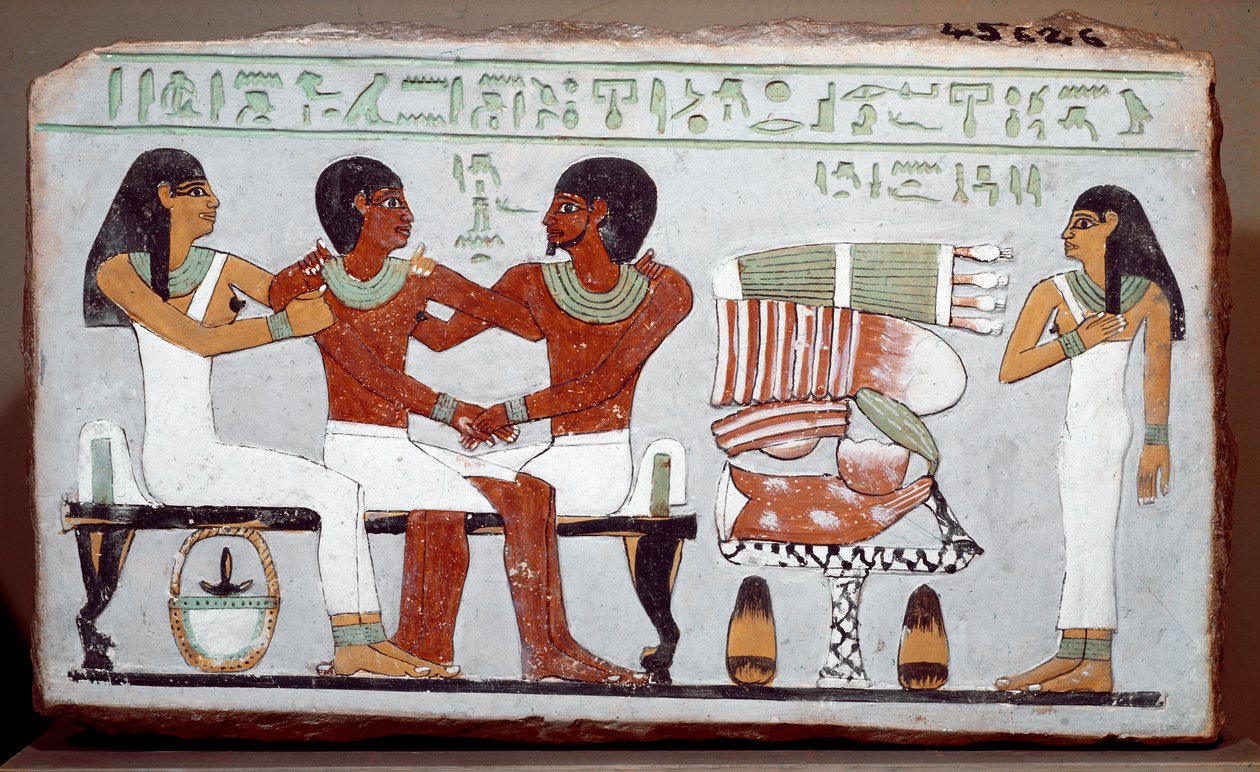 Egyptisk antikvitet: begravelsesstele malt kalkstein som viser familien til Amenemhet (Amenemhat) av Egyptian 11th Dynasty