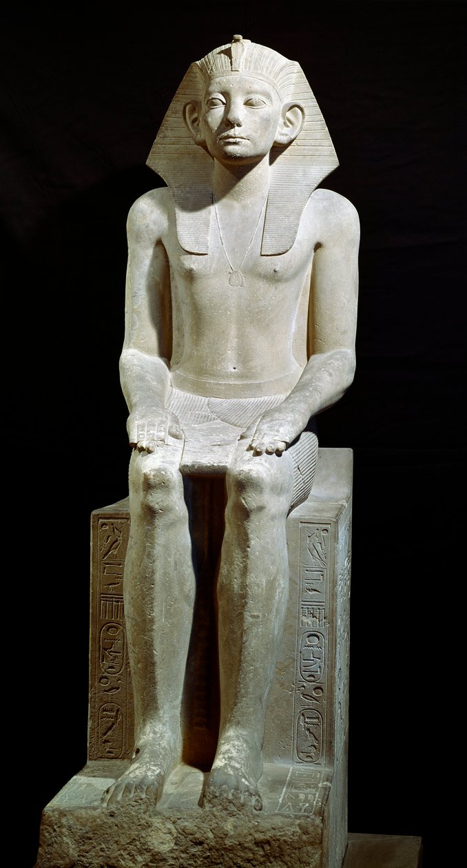 Egyptisk antikvitet: kalksteinsstatue av farao Amenemhet (Amenemhat) III. 12. dynasti. 1910 f.Kr. Fra Hawara. Dim. 160 cm Kairo, egyptisk museum av Egyptian 12th Dynasty