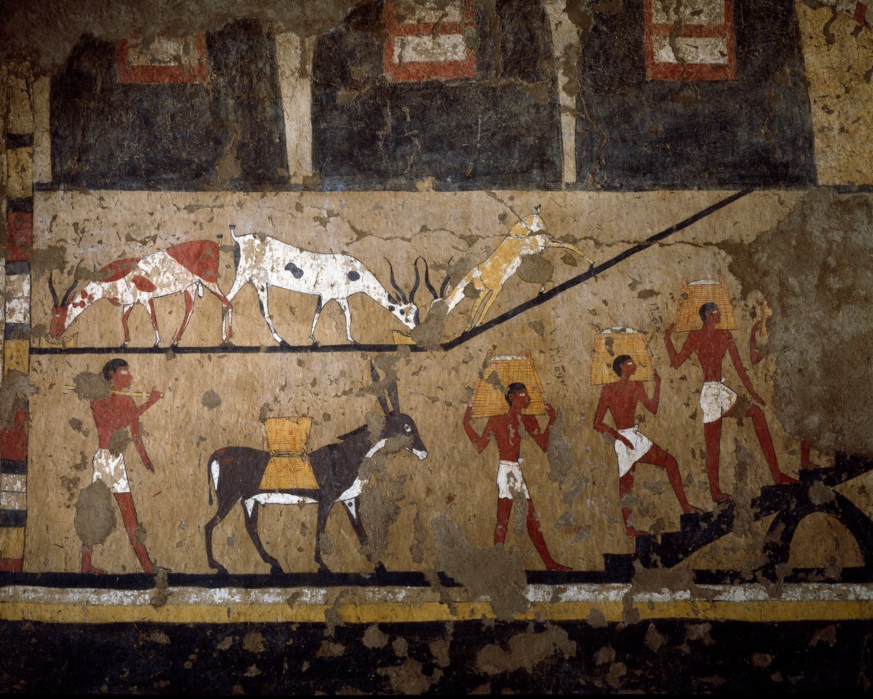 Egyptisk antikvitet: transport av hvete på ryggen av multe og på ryggen til slaver. Freske av graven til dronning Neferou III. 12. dynasti. 2200-2000 f.Kr. Fra El Ghebelen. Torino, egyptisk museum av Egyptian 12th Dynasty