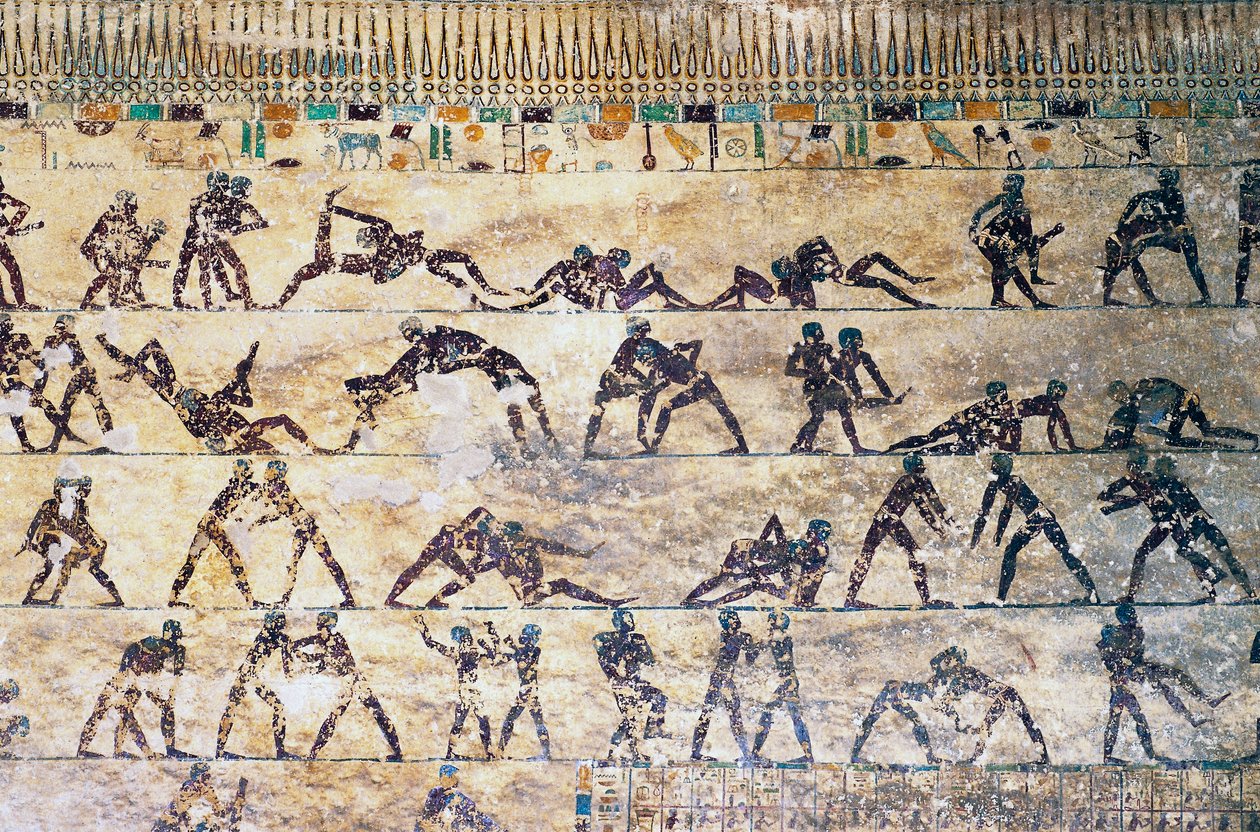 Kampscener, veggmaleri, Kethi-grav, Beni Hasan-nekropolis, Egypt, egyptisk sivilisasjon, Middle Kingdom, Dynasti XII av Egyptian 12th Dynasty