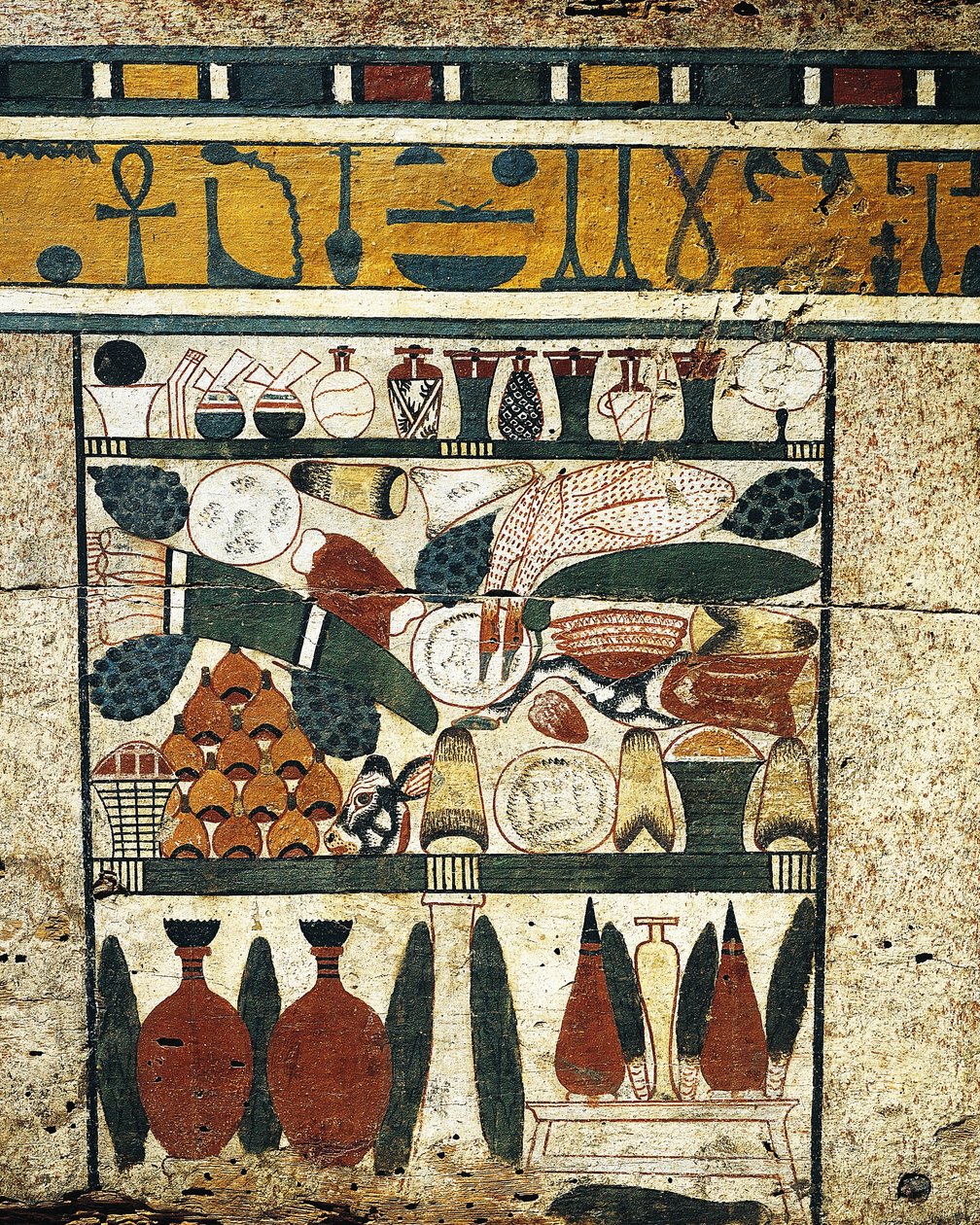 Pusset, malt trepaneldetalj med haug med begravelsesoffer, fra Sarcophagus of Ibi av Egyptian 17th Dynasty