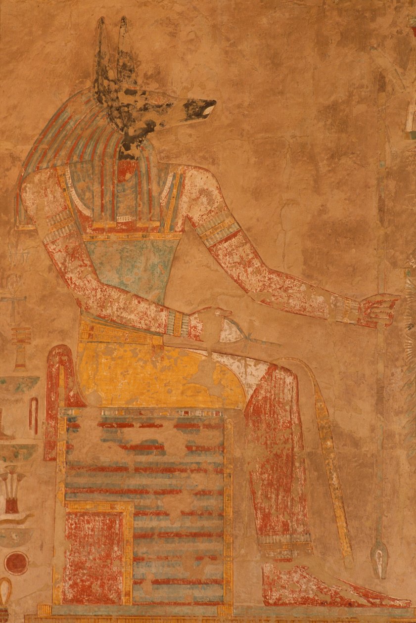 Anubis, dødsguden fra dronning Hatshepsuts liktempel (ca. 1503-1482 f.Kr.) (malt kalkstein) av Egyptian 18th Dynasty