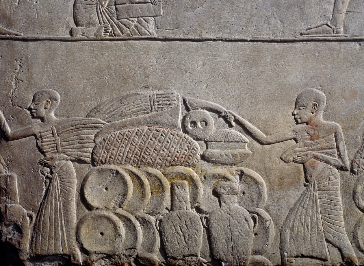Arrangering av mat i varehus, relieff av kalksteinsvegger, fra Memphite Tomb of Horemheb ved Saqqara, Egyptian Civilization, New Kingdom, Dynasty XVIII av Egyptian 18th Dynasty