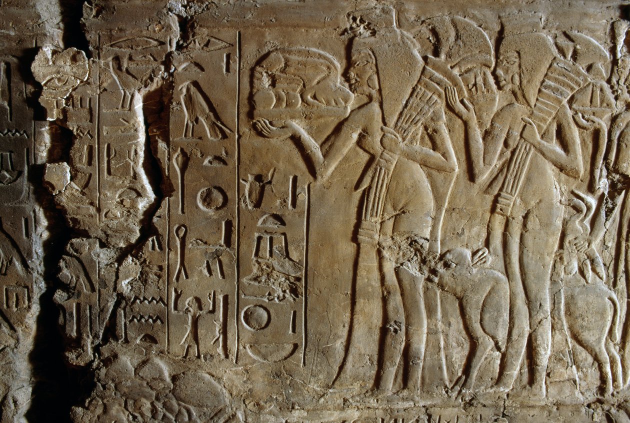 Bas-relieff fra graven til Maia, våtsykepleier av Tutankhamon, Saqqara, Egypt, egyptisk sivilisasjon, New Kingdom, Dynasti XVIII, detalj av Egyptian 18th Dynasty