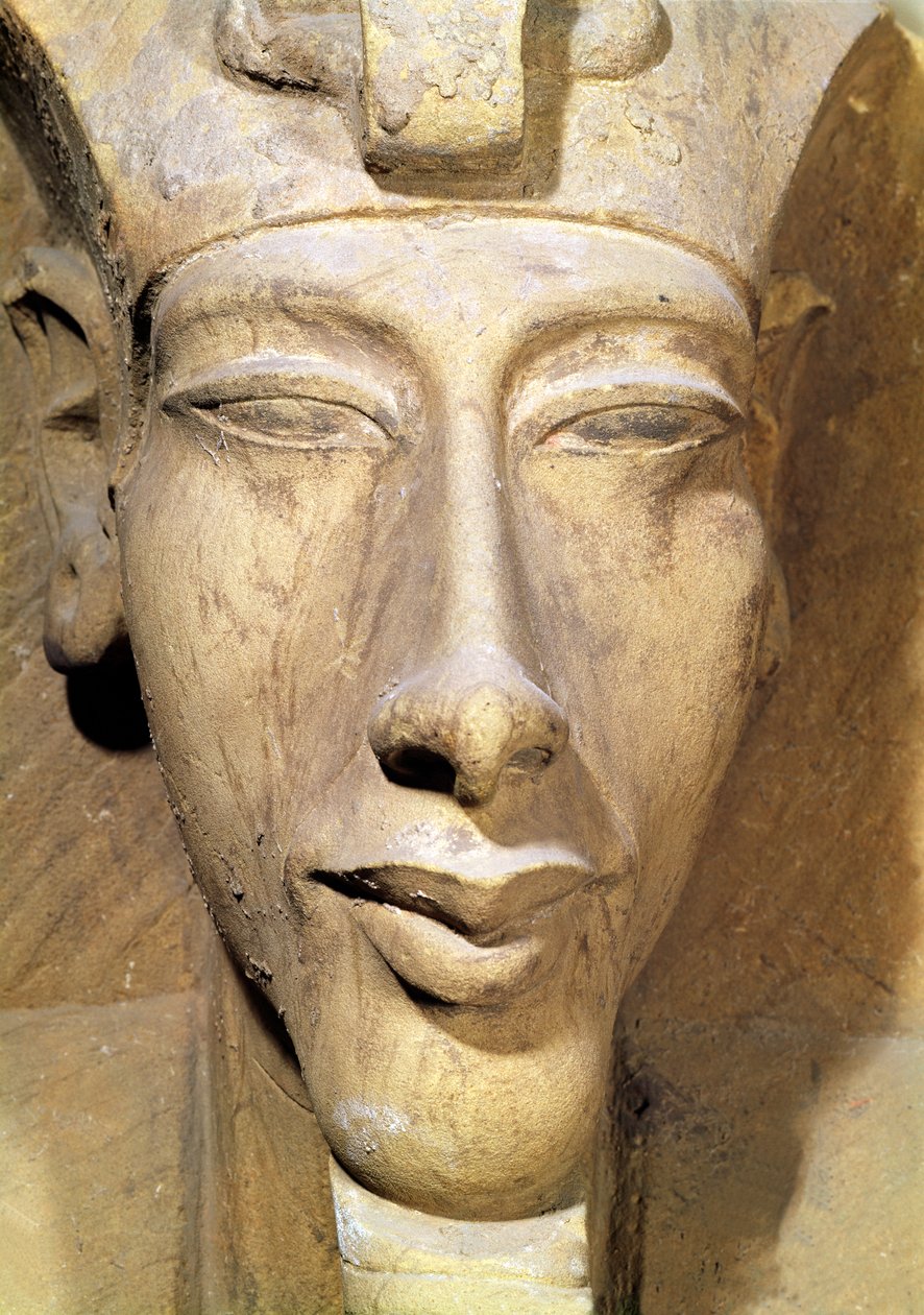 Byste av Amenophis IV (Akhenaten) (ca. 1364-1347 f.Kr.) fra Temple of Amun, Karnak, ca. 1353-1337 f.Kr. (sandstein) (detalj) av Egyptian 18th Dynasty