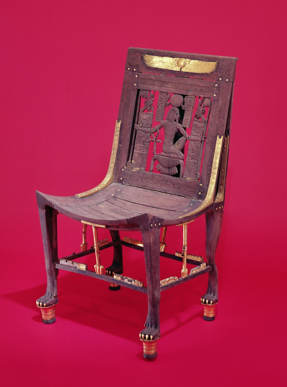 Stol, fra Tutankhamons grav (ca. 1370-1352 f.Kr.) som viser ånden fra millioner av år, New Kingdom (cederwood) (se også 148192) av Egyptian 18th Dynasty