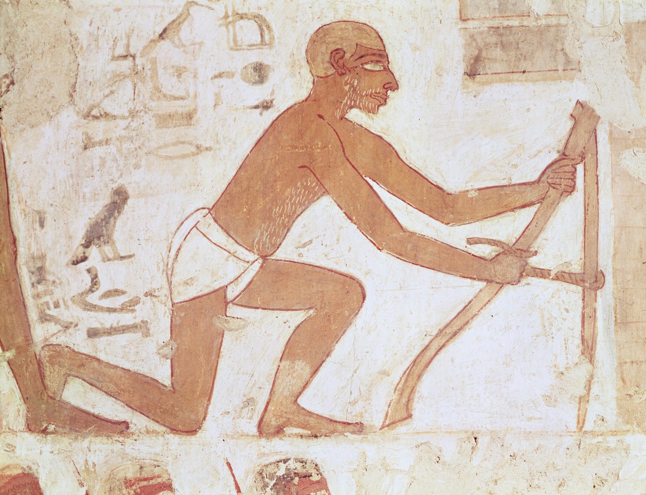 Konstruksjon av en vegg, detalj av en mann med en hakke, fra graven til Rekhmire, vizier av Tuthmosis III og Amenhotep II, New Kingdom (veggmaleri) (detalj av 157750) av Egyptian 18th Dynasty