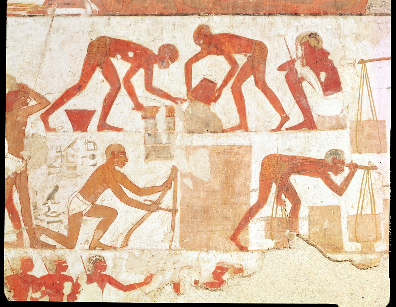 Konstruksjon av en vegg, fra graven til Rekhmire, vizier av Tuthmosis III og Amenhotep II, New Kingdom (veggmaleri) (se 202228 for detaljer) av Egyptian 18th Dynasty