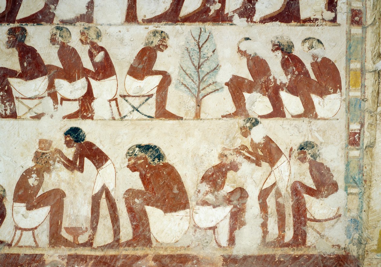 Klipp av soldatenes hår, freskomaleri, sørvegg, vestlig tverrkammer, Userhats grav, lærer og skriver under Amenhotep IIs regjeringstid, også kjent som grav TT56, Sheikh Abd el-Qurna, Theben. Egyptisk sivilisasjon, New Kingdom, Dynasti XVIII. av Egyptian 18th Dynasty