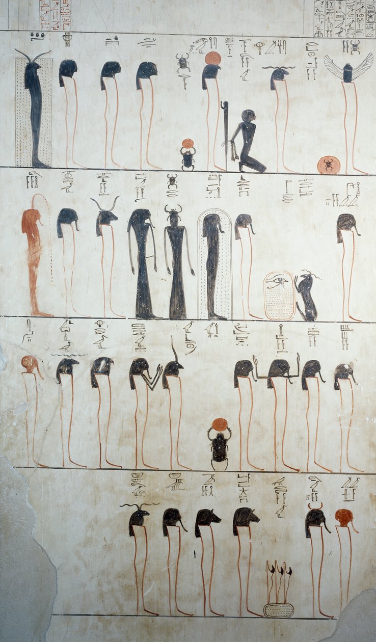 Skildring av Litany of Ra, detalj av fresker i gravkammeret til Tomb of Tuthmosis III, Valley of Kings, Luxor, Theben (Unescos verdensarvliste av Egyptian 18th Dynasty