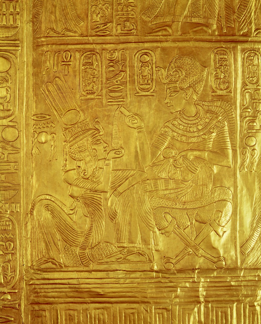 Detalj fra Golden Shrine, fra Tutankhamons grav (ca. 1370-1352 f.Kr.) New Kingdom (tre overlagt med gesso dekket med arkgull) av Egyptian 18th Dynasty