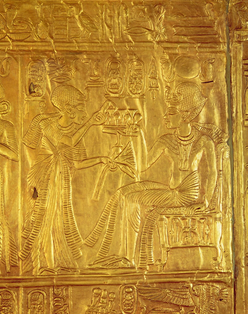 Detalj fra Golden Shrine, fra Tutankhamons grav (ca. 1370-1352 f.Kr.) New Kingdom (tre overlagt med gesso dekket med arkgull) av Egyptian 18th Dynasty