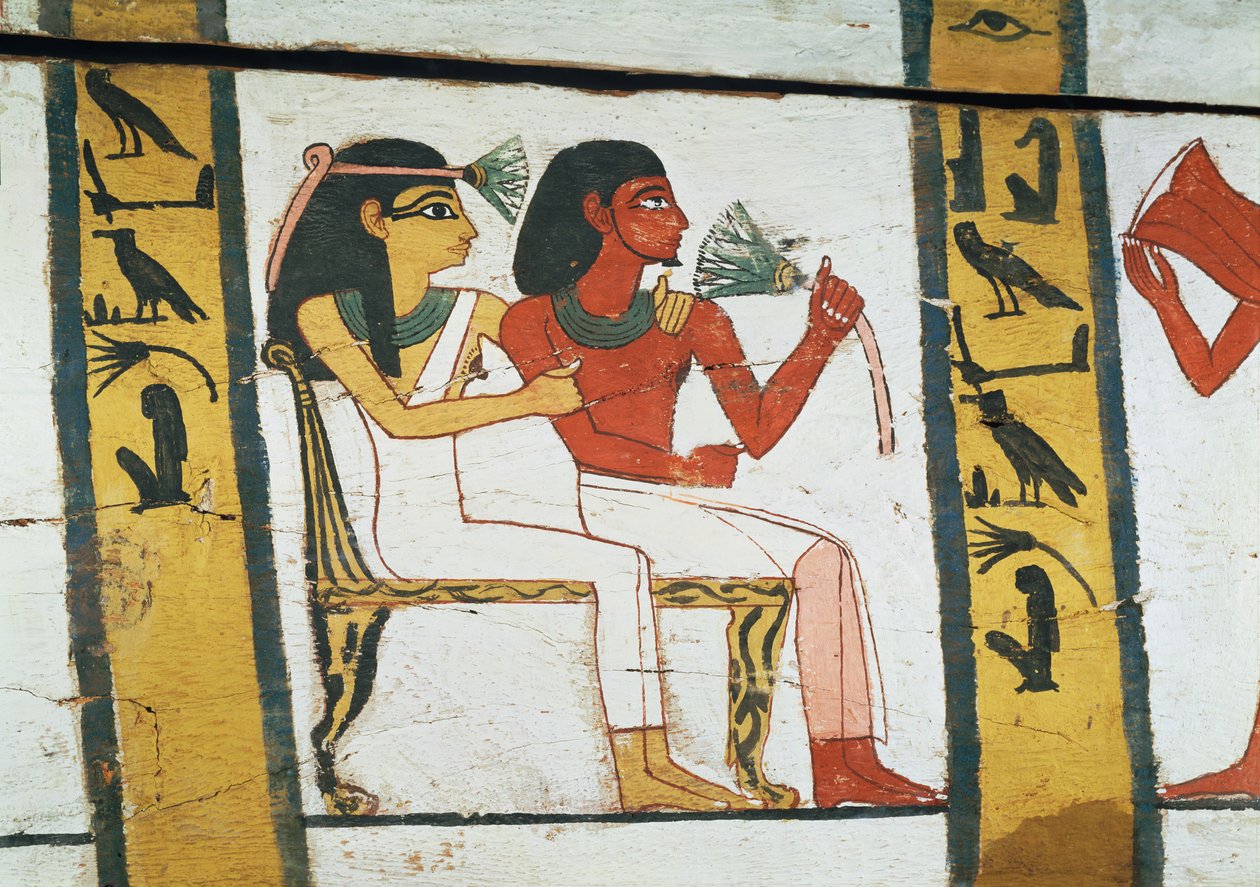 Detalj av dekorasjonen av en sarkofag av The Lady of Madja, New Kingdom, ca. 1450 f.Kr. (malt tre) av Egyptian 18th Dynasty