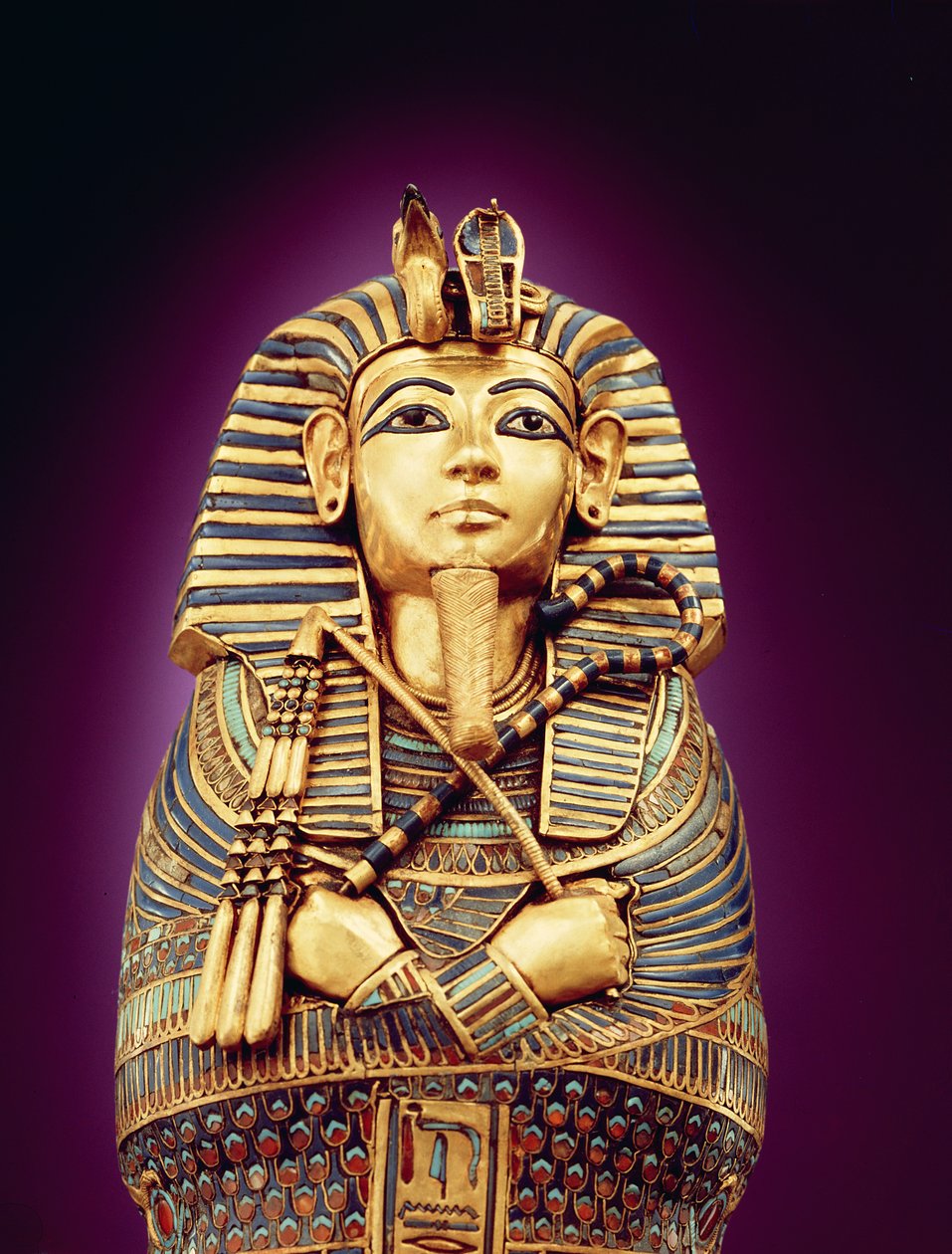 Detalj av frontbildet av en av de baldakinske kistene, fra Tutankhamons grav, New Kingdom (banket gull innlagt med farget glass og cornelian) av Egyptian 18th Dynasty