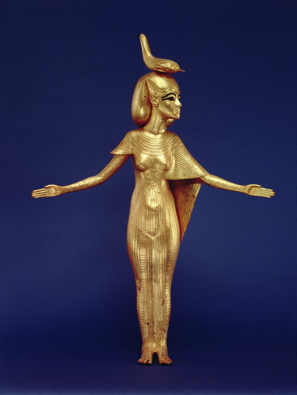 Detalj av gudinnen Selket fra den baldakinske helligdommen, fra Tutankhamons grav (ca. 1370-1352 f.Kr.) New Kingdom (forgylt tre) (se også 228567) av Egyptian 18th Dynasty