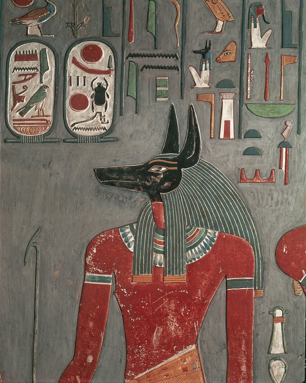 Egypt, antikkens Theben, Kongenes dal, veggmaleri av Anubis ved Horemhebs grav av Egyptian 18th Dynasty