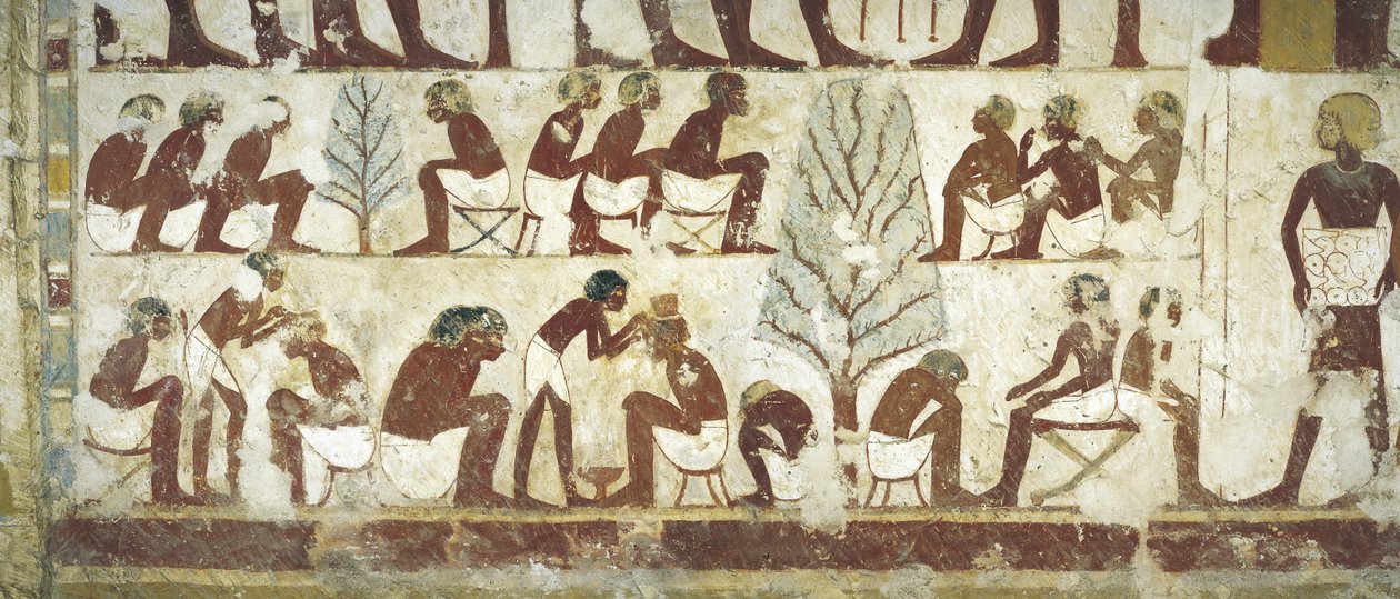 Egypt, Theben, Luxor, Sheikh 'Abd al-Qurna, graven til kongelig skriver Userhat, Vestibyle, veggmalerier, Barberere på jobb under platantrær av Egyptian 18th Dynasty