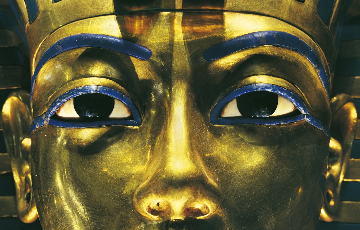 Egypt, Theben, Luxor, Kongenes dal, Tutankhamons grav, Tutankhamons skatter, Faraos gullmaske av Egyptian 18th Dynasty