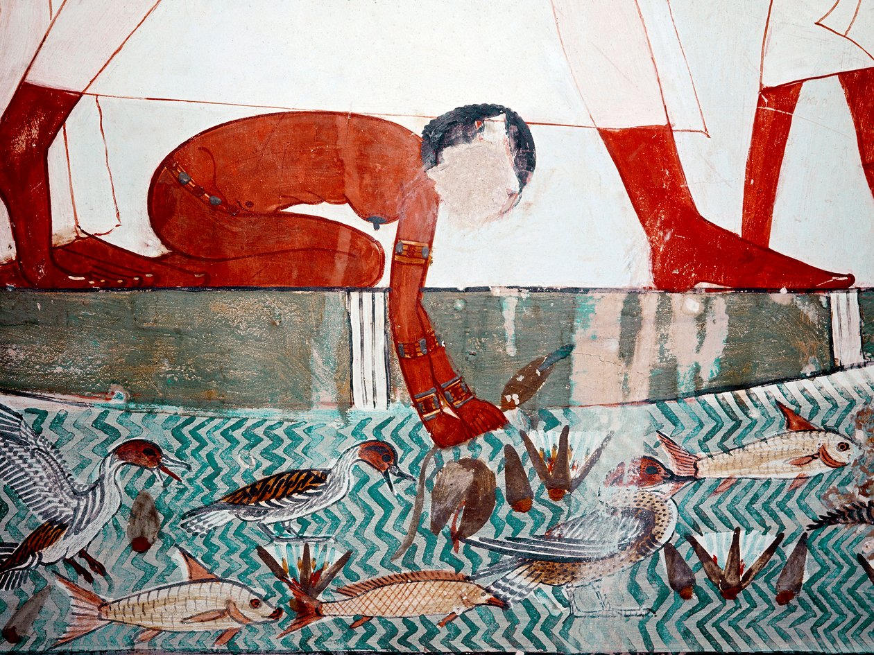 Egyptisk kunst: Mennas grav. Fiskescene, detalj. En naken hushjelp plukker en lotusblomst (18. dynasti) Fresco of Luxor (Tebens sted, Sheikh Abd al-Gournah (Gournah), venstre bredd av Nilen, Egypt. av Egyptian 18th Dynasty