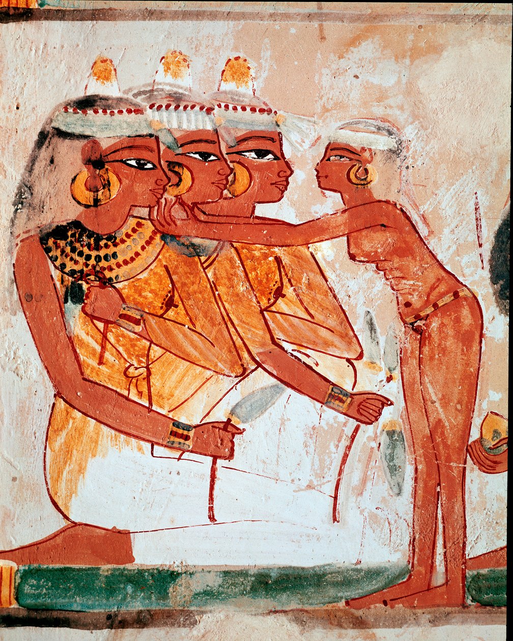 Egyptisk kunst: Nakhts grav. Toalett: hushjelp hjelper tre kvinner som holder lotusblomster med å sette på smykker før begravelsesbanketten. Fresco of Luxor (Tebens sted, Necropolis of Sheikh Abd al-Gournah (Gournah), venstre bredd av Nilen, Egypt. av Egyptian 18th Dynasty