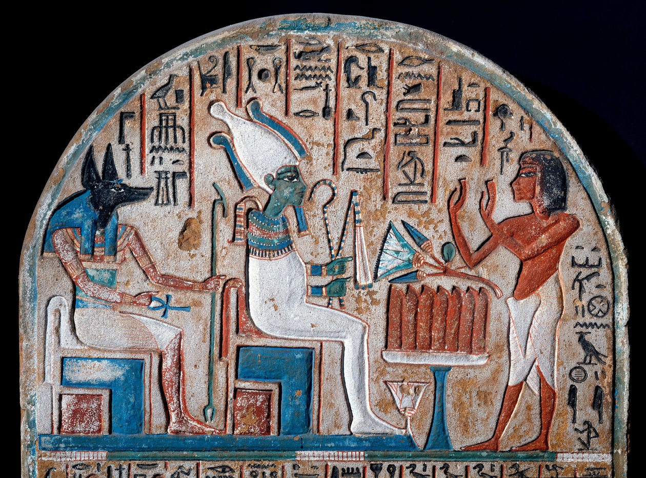 Egyptisk antikvitet: Nanai stele representanten som tilber Osiris og Anubis, de dødes guddom som har livets nøkkel i form av et Ansee-kors (Ankh). Malt kalkstein. Slutten av det 18. dynasti. 1300-tallet f.Kr. Torino, egyptisk museum - Egypti av Egyptian 18th Dynasty