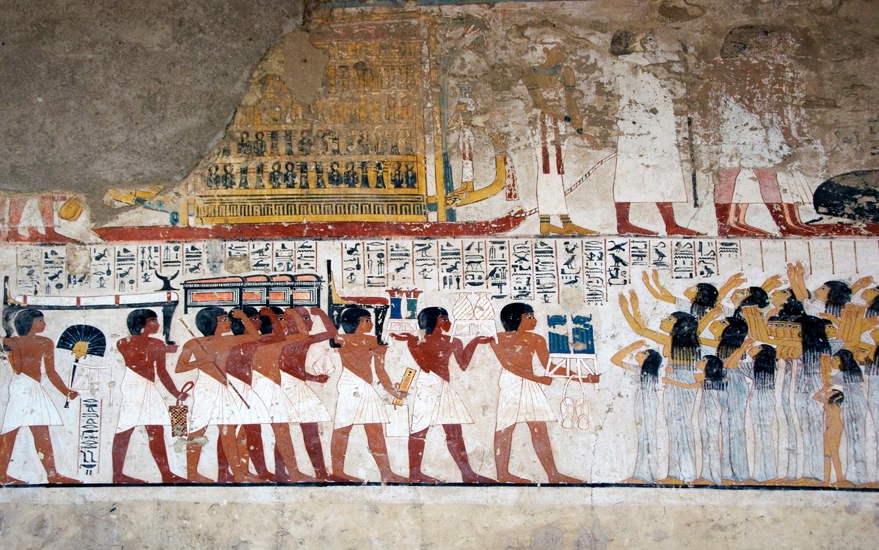 Egyptisk antikvitet: "" bærere av offer og gråt""" Fresco of the Tomb of the Vizir Ramose (18. dynasti). Luxor, Vestbredden, Valley of the Nobles Egypt - Det gamle Egypt: tilbyr bærere og sørgende. Fresco fra graven til vizieren Ramose (18. D av Egyptian 18th Dynasty
