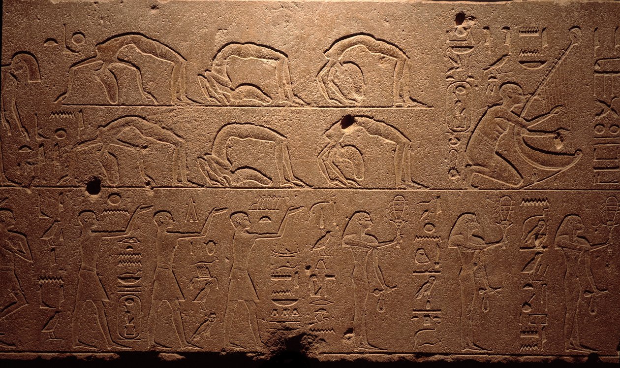 Egyptisk antikken: detalj av en gravert freskomaleri som viser dansere, contortionists og musikere. Periode med dronning Hatshepsut (Hatshepsut) 18. dynasti. Luxor, egyptisk kunstmuseum av Egyptian 18th Dynasty