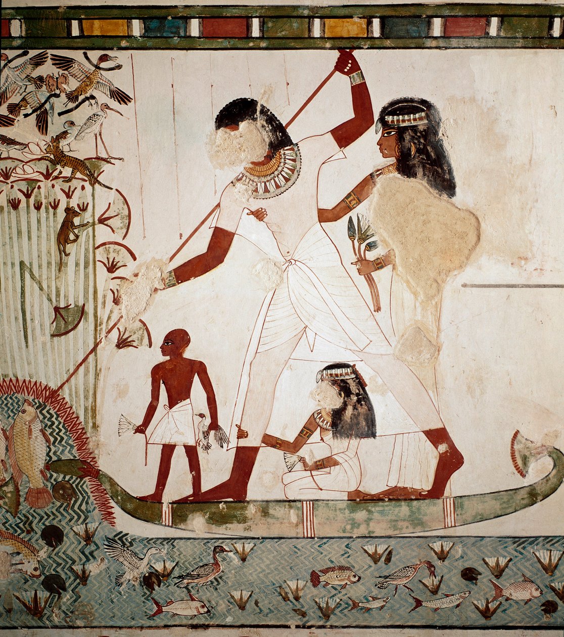 Egyptisk antikvitet: "" fiskescene"" Den edle Menna skildrer på en båt med sin kone som harponerer en fisk. Freske fra graven til Menna (TT69) fra gravområdet til adelen i Gournah. Sheikh Abd al-Gournah (el Gournah), Luxor Egypt av Egyptian 18th Dynasty