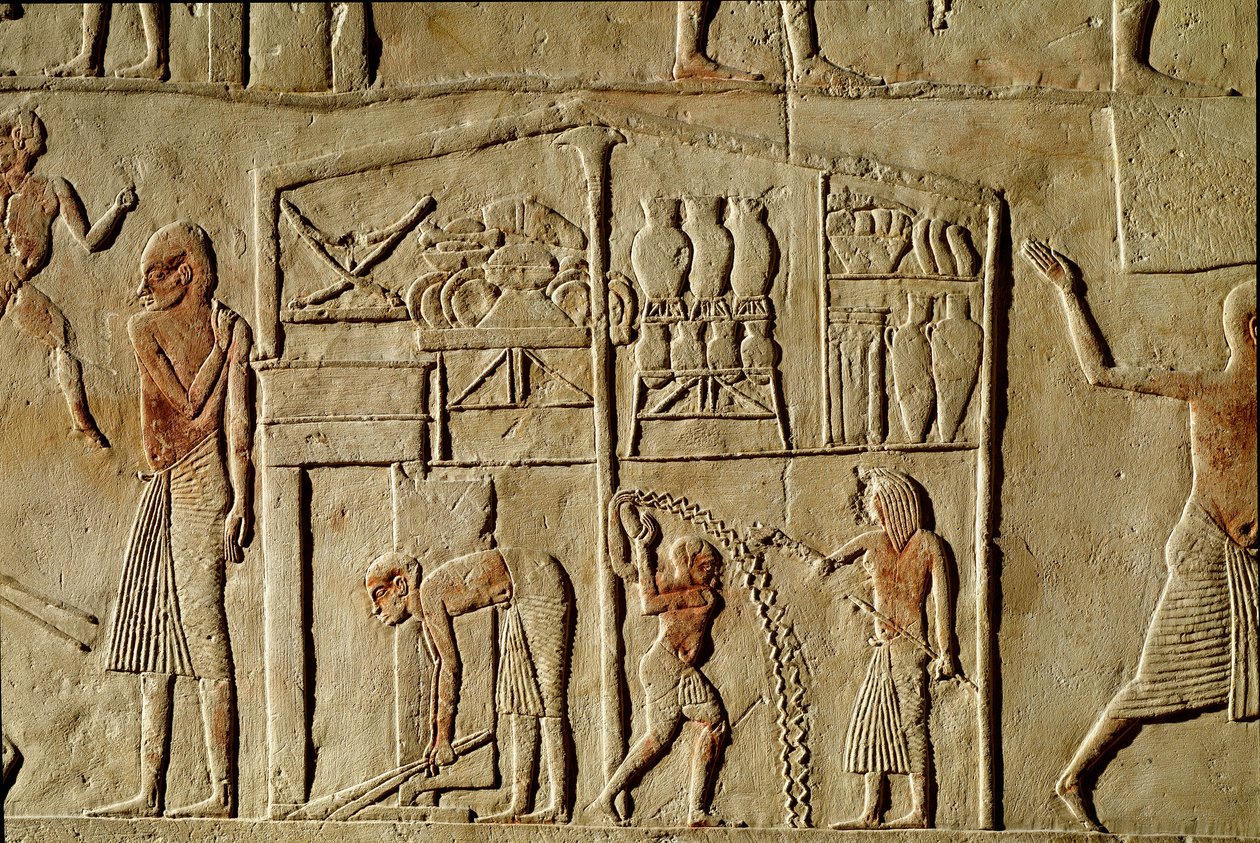 Egyptisk antikvitet: "" matvarer er lagret i varehus""" Relieff som dekorerer en grav til en høytstående tjenestemann fra det 18. dynastiet. Bologna Civico Museo Archeologico av Egyptian 18th Dynasty