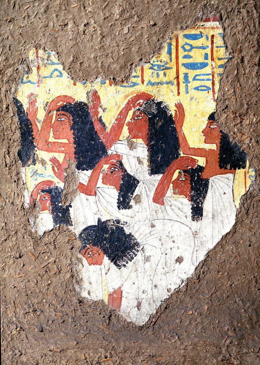 Egyptisk antikvitet: freskomaleri av graven til maleren Maia, en gruppe gråtende. 18. dynasti. Fra kapellet i Maia, Deir el-Medineh (el Medineh), New Empire Dim. 67 cm Torino, egyptisk museum av Egyptian 18th Dynasty