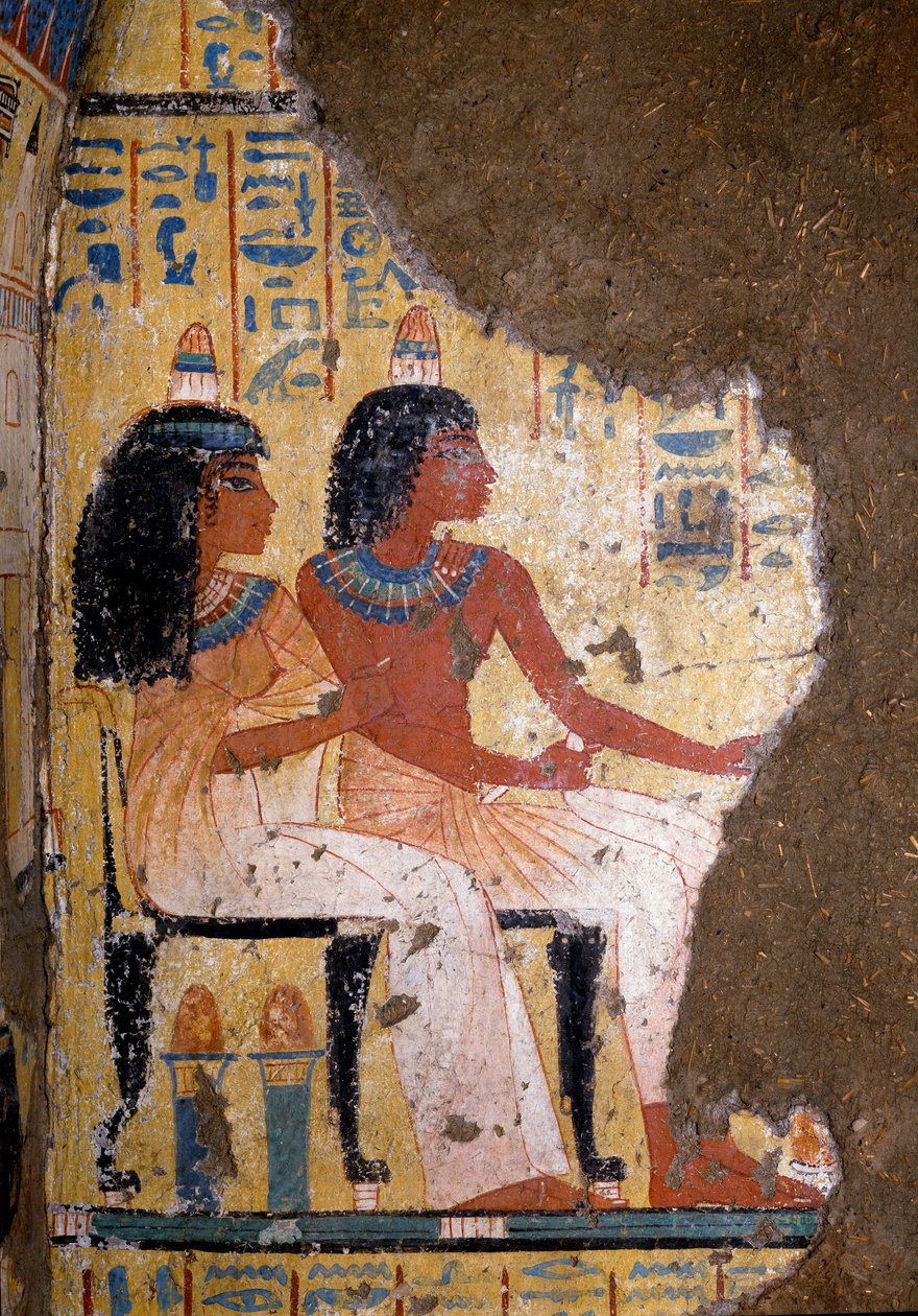 Egyptisk antikvitet: freskomaleri av graven til maleren Maia, den avdøde og hans kone som sitter på en bankett. 18. dynasti. Fra kapellet i Maia, Deir el-Medineh (el Medineh), New Empire Dim. 67 cm Torino, egyptisk museum av Egyptian 18th Dynasty